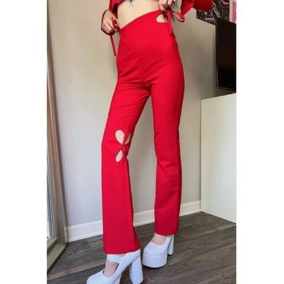 Zemeta Holey Pray Cut Out Pants | Cherry Red Semi-Flare High Waist, Size M - Picture 3 of 9